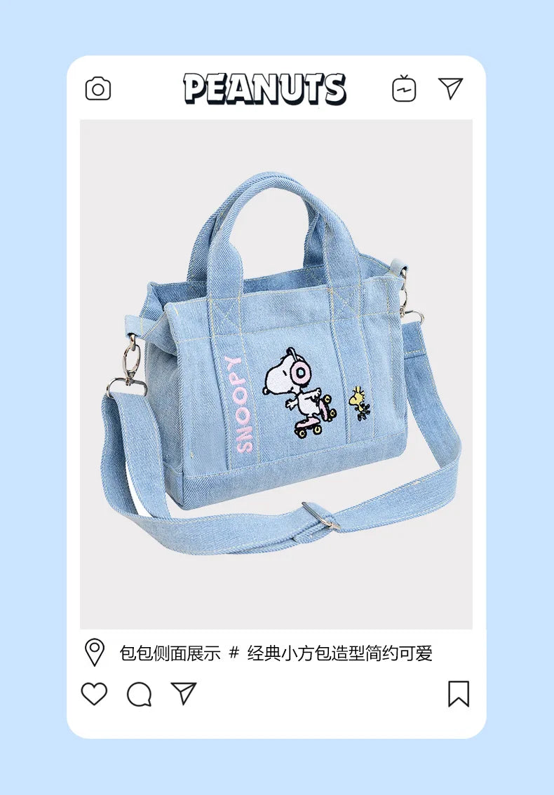 Kawaii Snoopy Denim Tote Bag Cartoon Animation Student Cute Tote Bag Embroidery Lunch Crossbody Bag