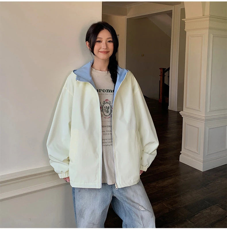 Womens Hooded Reversible Jackets 2025 Windbreaker Women Jackets Basic Coats Zipper Fashion Lightweight Jackets Famale Outerwears