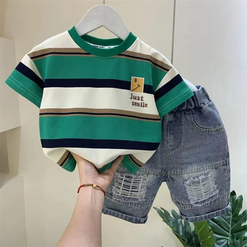 Boys Summer New Boutique Design Outfits Cotton Set Baby Boys Short Sleeve Shirt Jeans Shorts 2pcs Clothing Children 6 7 8Y