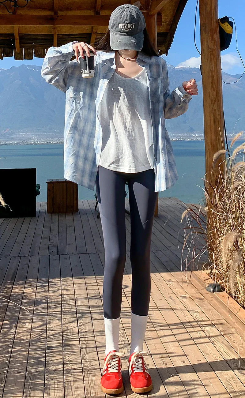 Spring Autumn Thin Sharkskin Leggings Women Side Pocket Hiking Cycling Sports Leggings Woman Naked Feeling Stretch Leggings Lady