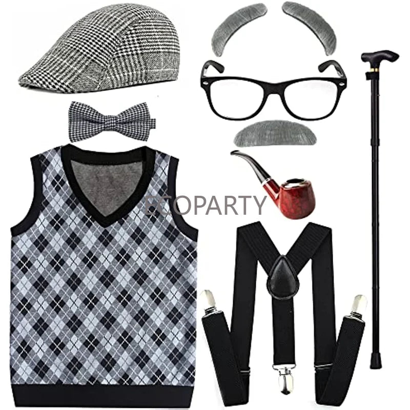 New Kids 100 Days of School Costume for Boys Halloween Old Man Costume Hat Glasses and Grandpa Vest Set for Child Light Grey 2-8