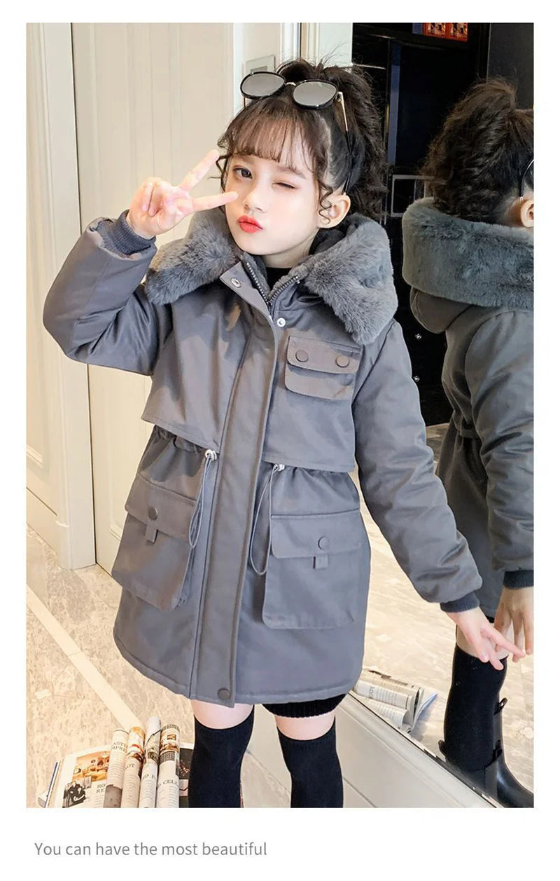 -30° Girls Cotton Coats Winter Plus Velvet Jackets Kids Hooded Outerwear Solid Colour Casual Overcoat Warm Thicken Parkas