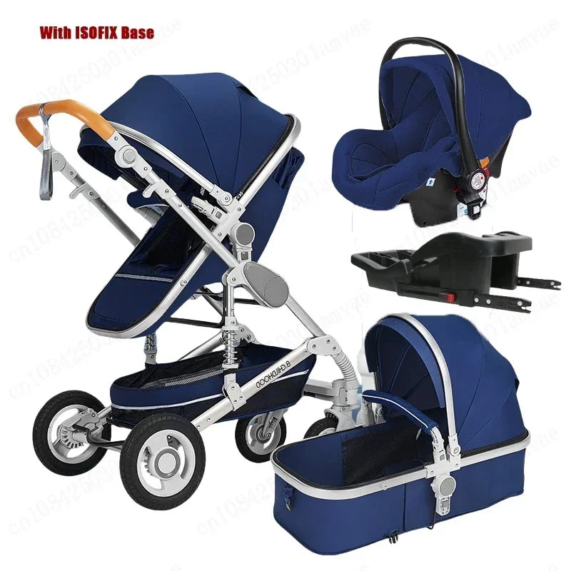 Baby stroller 3in1 with car seat with ISOFIX base, luxury high landscape baby carriage aluminum alloy frame travel stroller