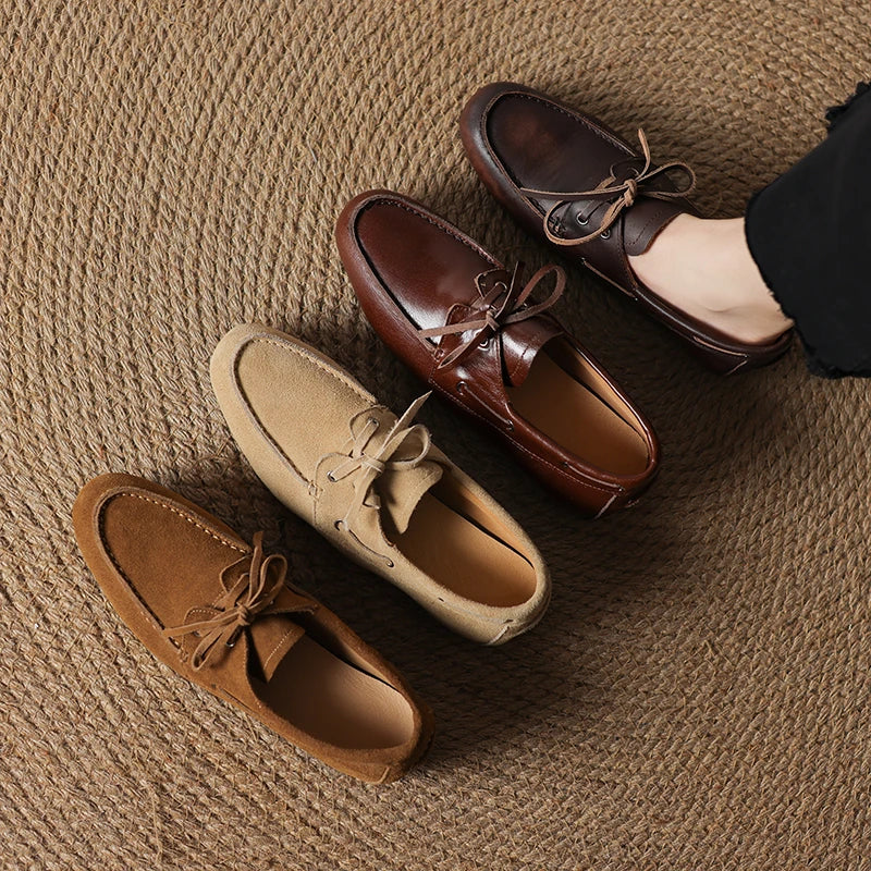 2026 New Spring Genuine Leather Women Shoes Round Toe Women Flats Shoes for Women Retro Lace Up Loafers Fashion Ladies Shoes