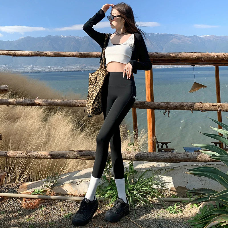 Spring Autumn Thin Sharkskin Leggings Women Side Pocket Hiking Cycling Sports Leggings Woman Naked Feeling Stretch Leggings Lady