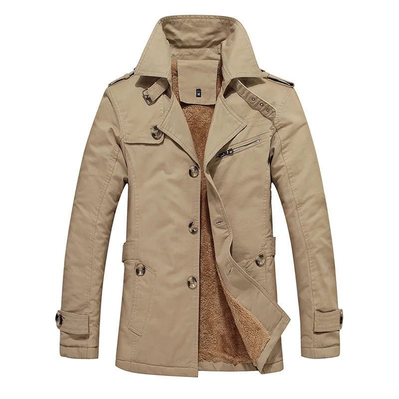 Men's Long-Sleeve Fleece-Lined Jacket, New Winter Style Collared Warm Coat, Available in Black, Blue, Khaki, and Army Green.