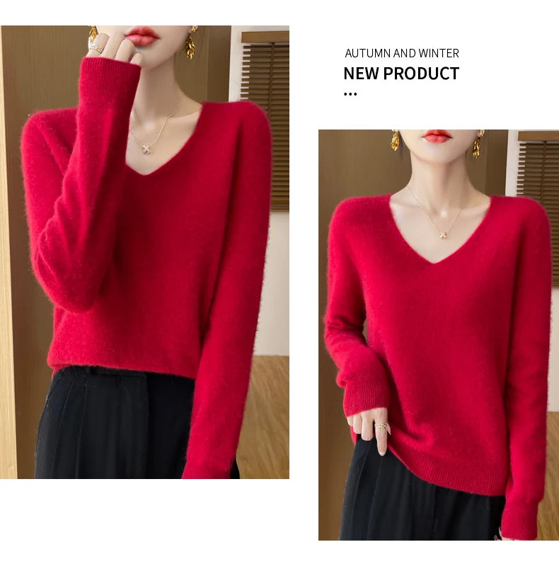 Fashion Pullover 100% Merino Wool Women Sweater V-Neck Long Sleeve Basic Jumper Spring Autumn Winter Clothing Knitwear Tops