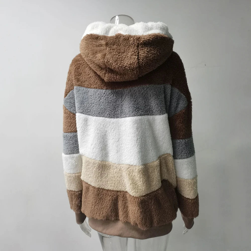 Winter Fashion Women's Coat 2025 Hooded Zipper Ladies Jacket Spliced Thick Cashmere Women Jacket Stitching Plaid Ladies Coats