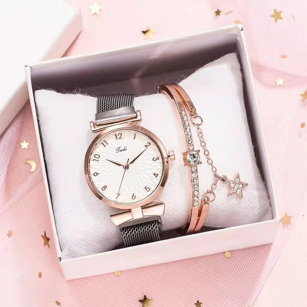 Fashion Women Watches Luxury Leather Buckle Flower Rhinestone Watch Ladies Quartz Wrist Watch Bracelet Set Reloj Mujer