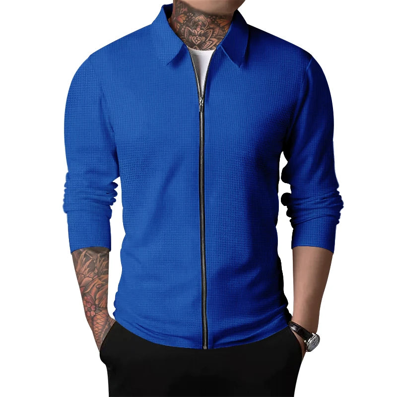 Spring and autumn new men's Sportswear, zippered long sleeved polo shirt+polyester fiber, solid checkered