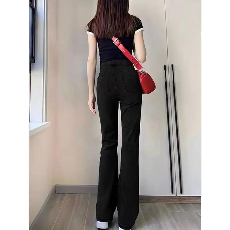 Women Korean Flare Jeans Girls High Waist Elastic Boot Cut Pants Lady Vintage Blue Black Gray Brown Denim Bell Bottom Trousers