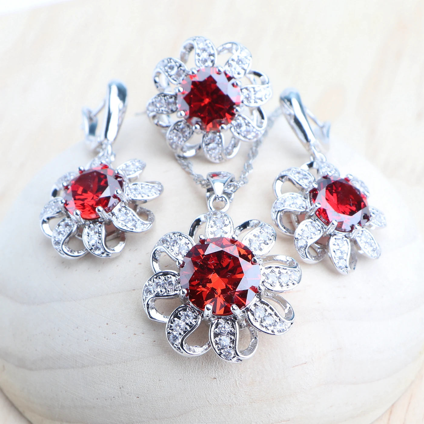 Round Red Zircon Wedding 925 Silver Jewelry Sets Bridal Jewelry Stones Earrings Rings Bracelets Pendant Necklace Set For Women
