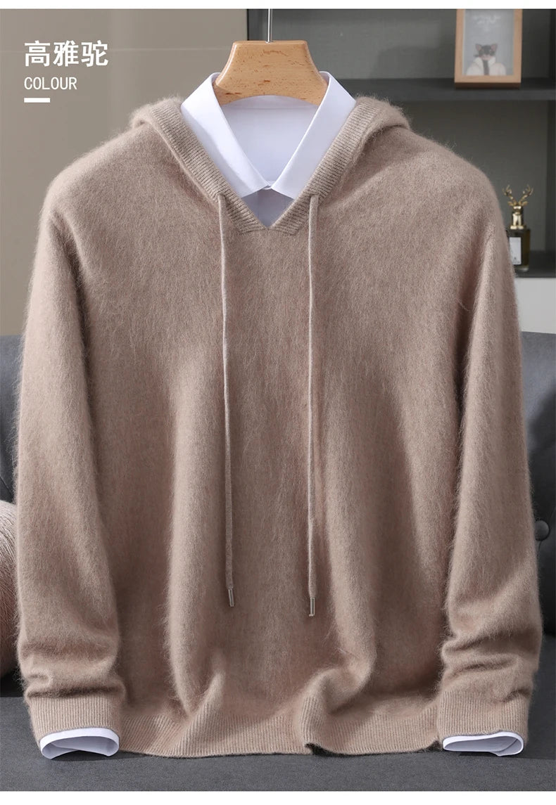 Men's Clothing: 100% Pure Mink Cashmere Knitted Sweater Casual And Loose Large-Sized Hooded Pullover Autumn Winter New Products