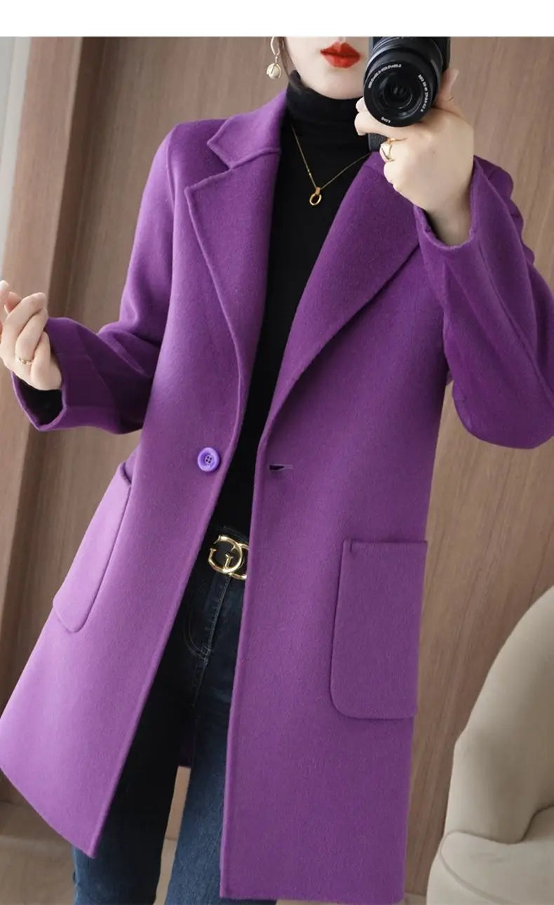 100% Pure Wool Double-Sided Cashmere Jacket Women Overcoat  Autumn Winter New Mid-Length One-Button Slim Wool Windbreakers coat