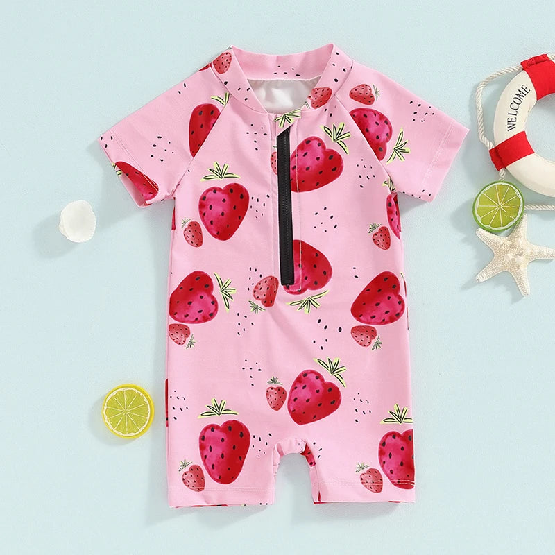 Baby Girl Swimwear Summer Short Sleeves Swimsuits  Short Sleeve Zipper Toddler Bathing Suits Beachwear