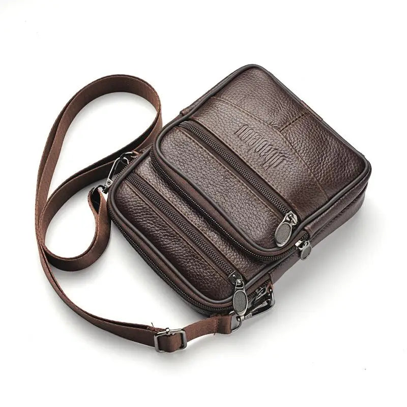 Men’s Genuine Leather Crossbody Bag,Double Zipper Small Shoulder Bag,Compact Multi-Pocket Sling Bag for Everyday Carry