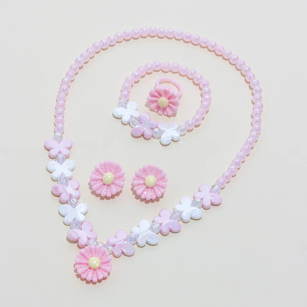 Girls' 5-Piece Jewelry: Flower Pendant, Earrings, Ring, Beaded Necklace & Bracelet, Cute Versatile Kids' Accessories
