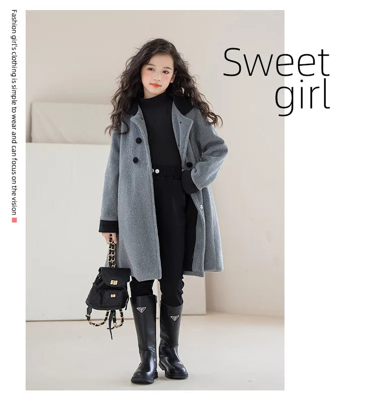 Teens Girls Winter Jacket Preppy Style Navy Mid-length Wool Coat for Kids Thick Warm Casual All-match School Children Outerwear
