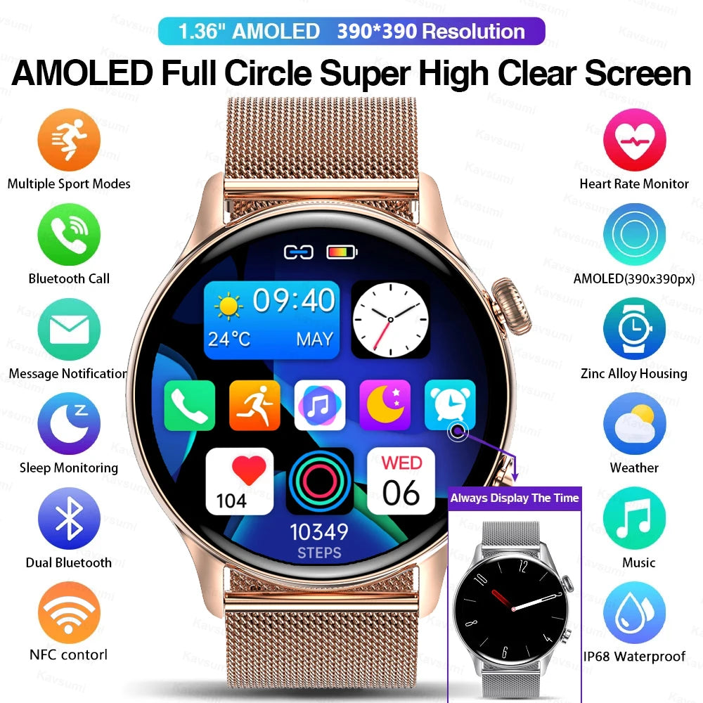 Smart Watch Women AMOLED HD Screen Always On Display Women Watches Bluetooth Call IP68 Waterproof Sport Fitness Men Smartwatch