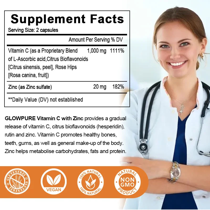 Vitamin C with Zinc for Immune Support & Antioxidant - Promotes Metabolism, Skin Whitening and Anti-Aging