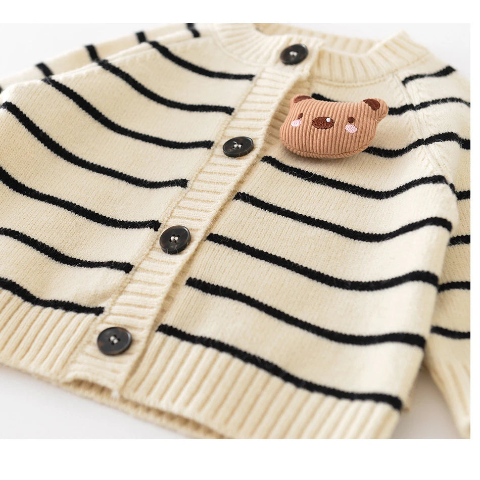 Autumn New Baby Girls Boys Long Sleeve Cardigan Infant Knit Coat Toddler Jacket Newborn Sweater Stripe Bear Print Cute Tops