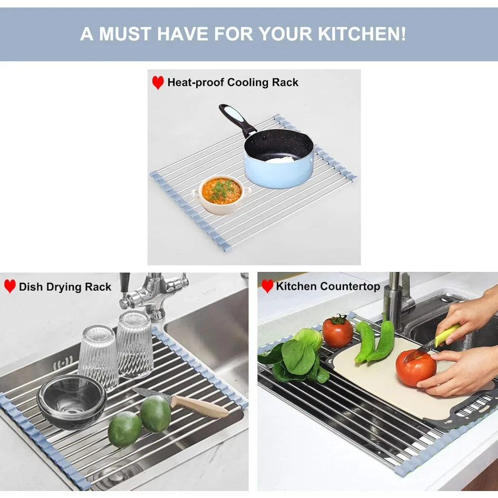 Garden Furniture-Over The Sink Dish Drying Rack, Roll Up Dish Drying Rack Kitchen Dish Rack Stainless Steel Sink Drying Rack,