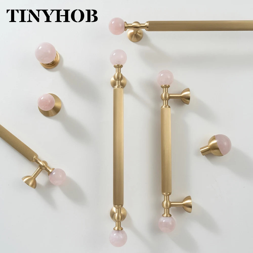 Pink Rose Quartz + Brass Cabinet Pulls,Natural Crystal Ball Knobs for Kitchen Cupboard Dresser Wardrobe, Gold Furniture Hardware