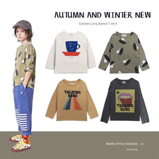 Children's INS BC T-shirt Esri Autumn and Winter Ins New Girl withLong Sleeves and Boys' Tops Inside Casual Versatile