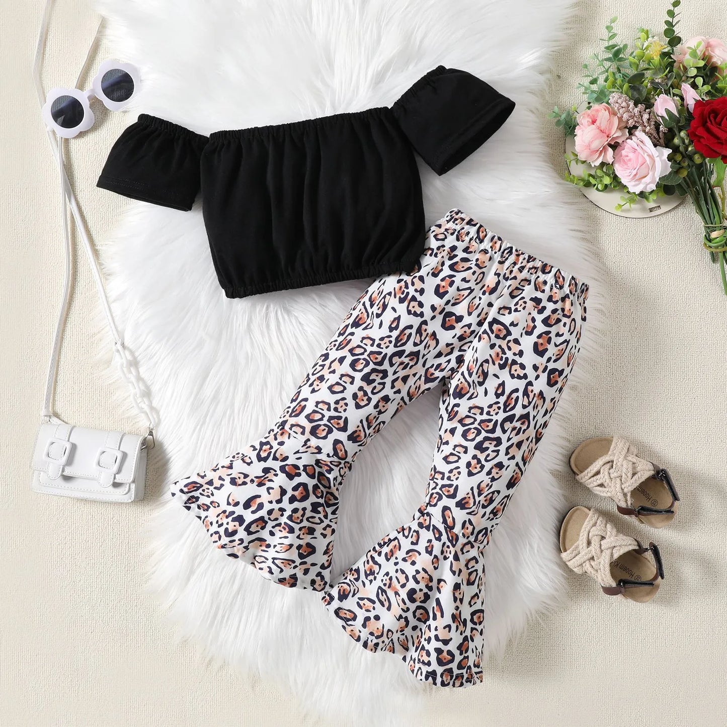 Toddler Baby Girls Clothes Sets Little Girls Short Sleeve Off Shoulder Tops+Leopard Print Bell Bottom Pants Summer Outfits