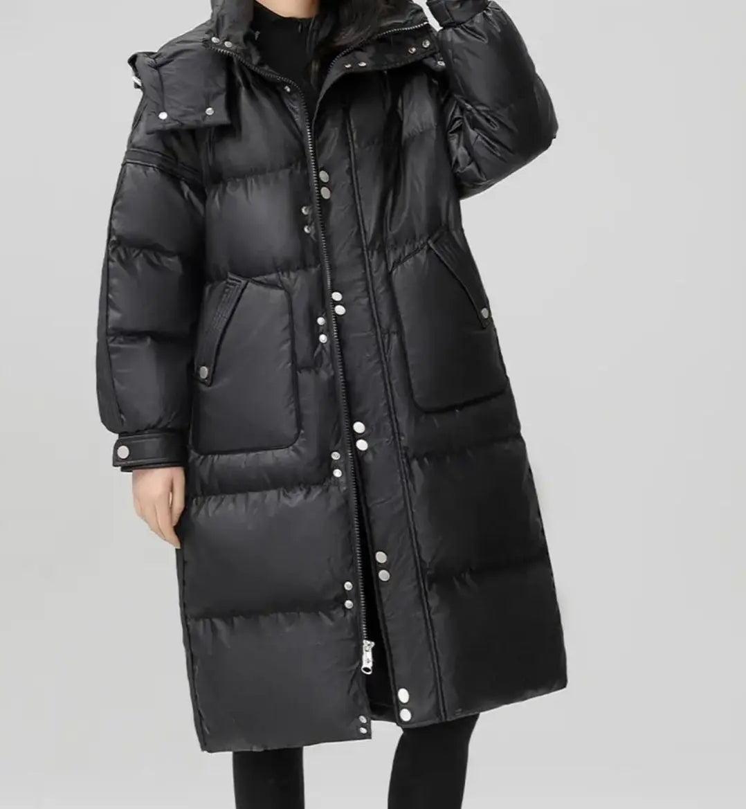 Winter Color-matched Plaid Hooded Casual Knee-length Down Jacket