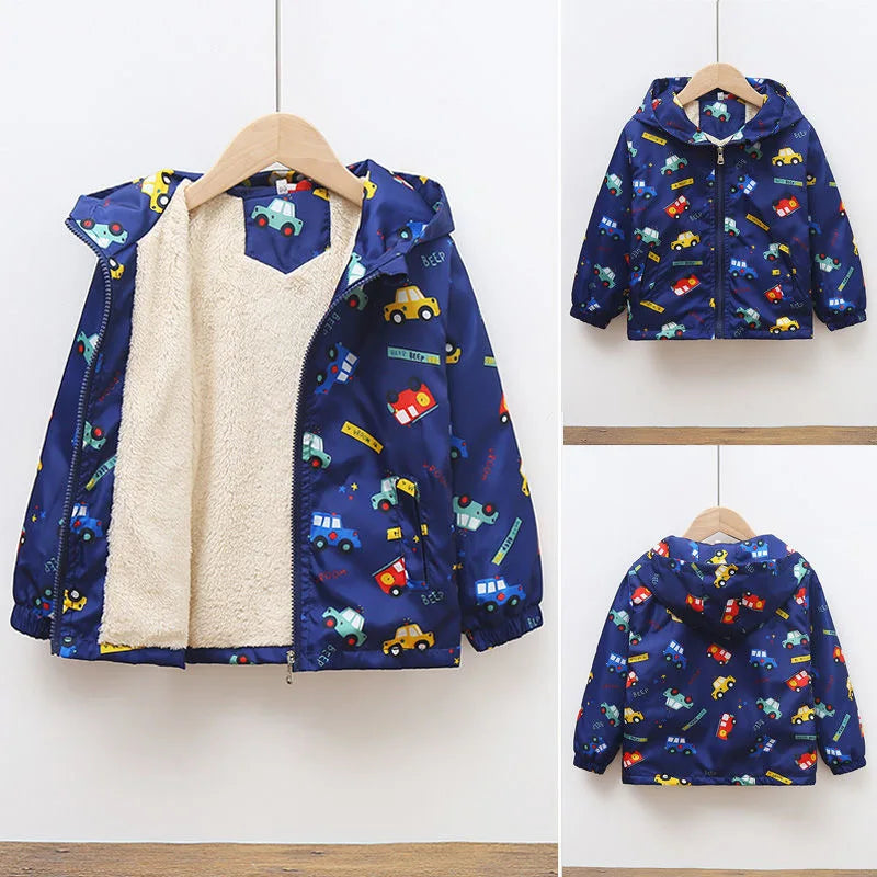 Kids Fleece Jacket Boy Autumn Winter Baby Dinosaur Design Coats Toddler Plus Thicken Hooded Outerwear Parkas Infant Clothes