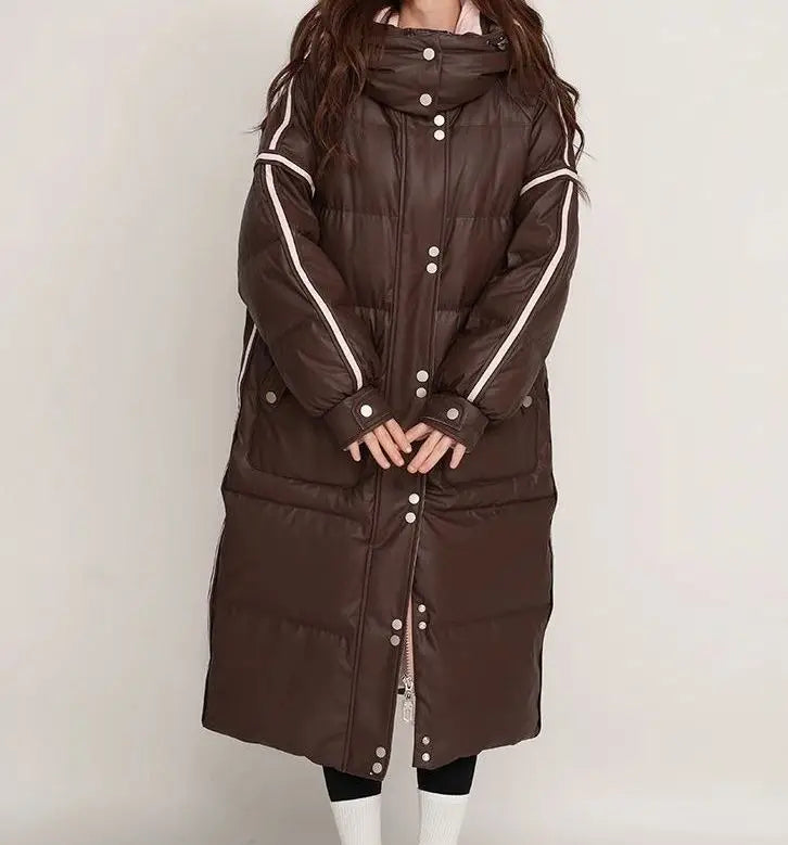 Winter Color-matched Plaid Hooded Casual Knee-length Down Jacket