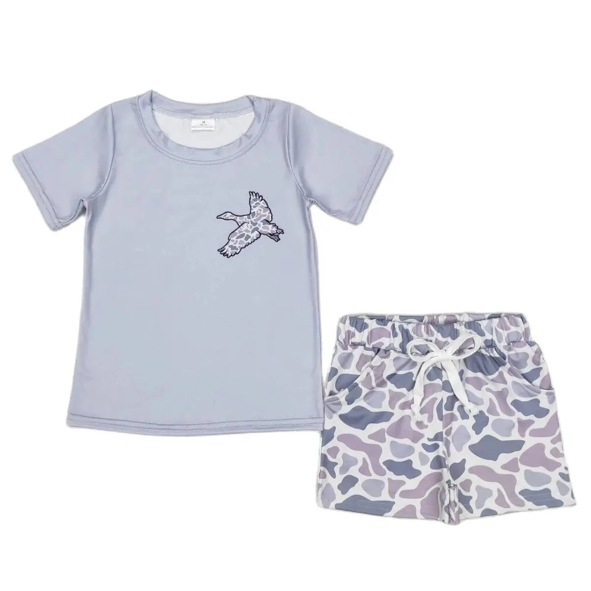 Wholesale Children Grey Short Sleeves Duck Tee Shirt Toddler Infant Camo Pocket Shorts Kids Boutique Outfit Baby Boy Summer Set