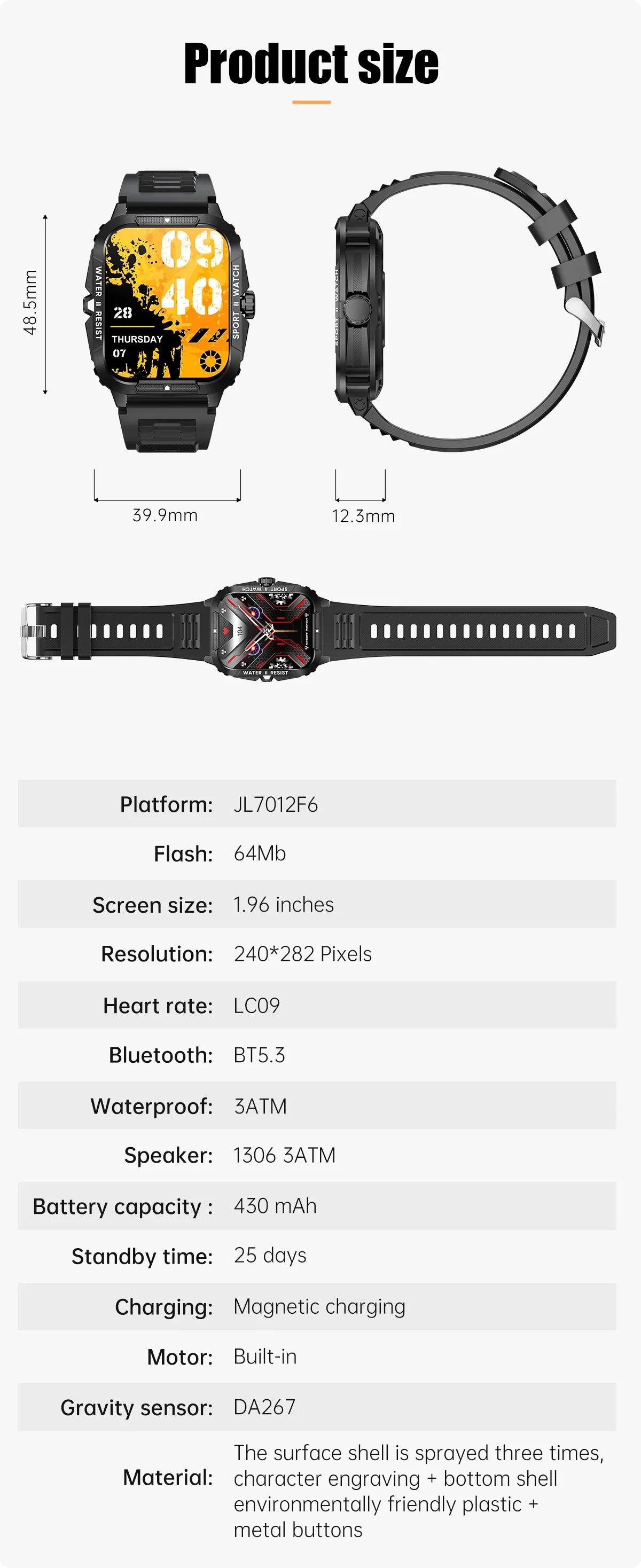 COLMI P76 1.96" Outdoor Military Smartwatch Men Bluetooth Call Smart Watch 3ATM IP68 Waterproof Sports Fitness Watches