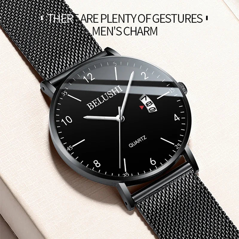 BELUSHI Men's Watch Top Brand Luxury Analog Clock Waterproof Stainless Steel Mesh Belt Quartz Wristwatch Men Relogio Masculino