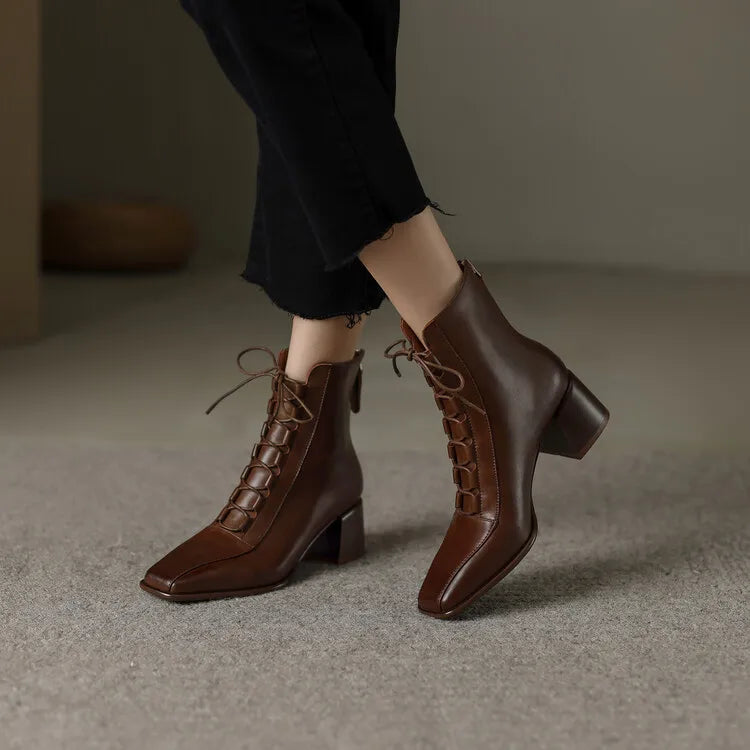 2022 Autumn Women Boots Square Toe Back Zipper Women Shoes Chunky Heels Shoes for Women High Heel Boots Vintage Leather Shoes