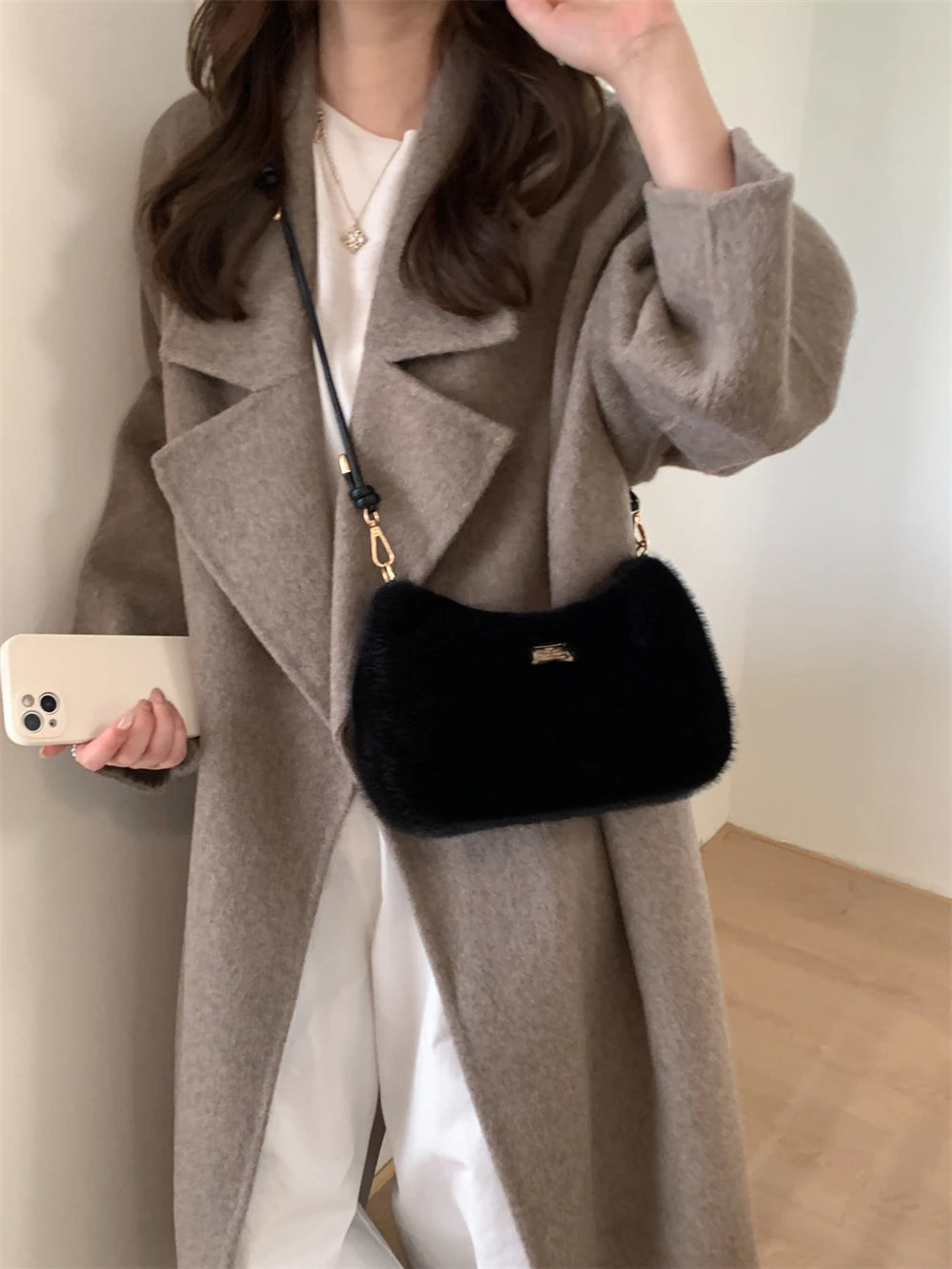 MOODS Soft Plush Crossbody Bags For Women 2025 Winter Warm Latest Luxury Designer Handbags Casual Street Shoulder Hobo Bag Lady