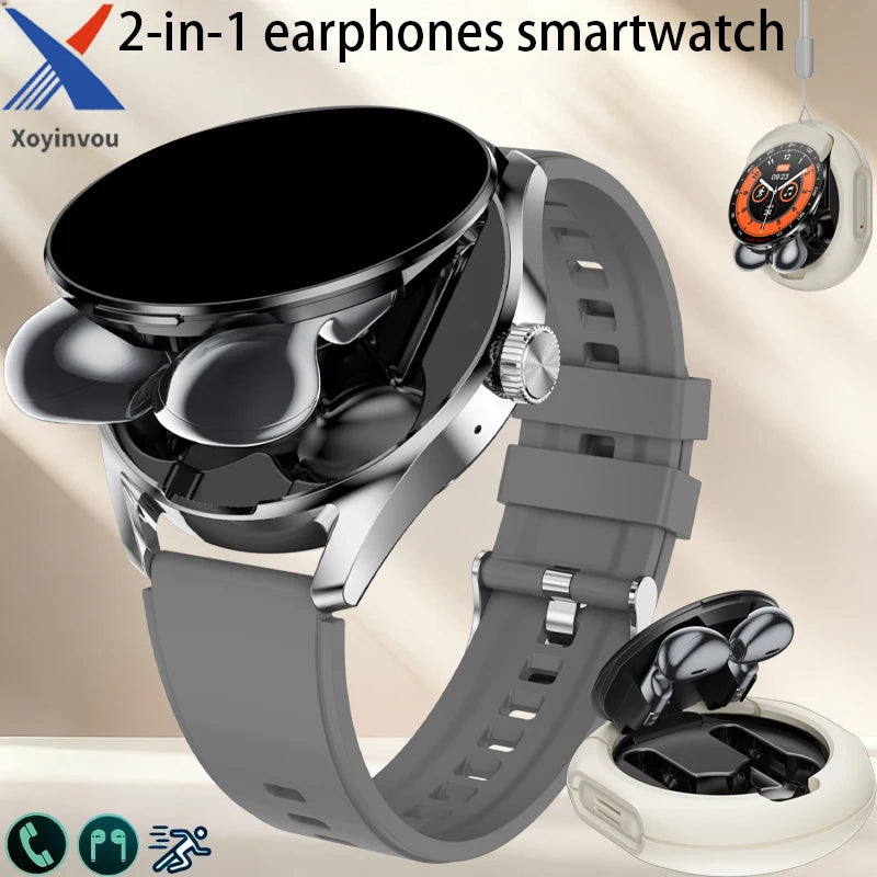 New TWS men's and women's watches, 2-in-1 smart watch, supports wireless calling, stylish round alloy case, intelligent sports f
