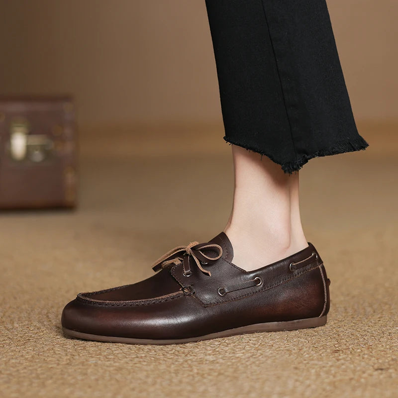 2026 New Spring Genuine Leather Women Shoes Round Toe Women Flats Shoes for Women Retro Lace Up Loafers Fashion Ladies Shoes