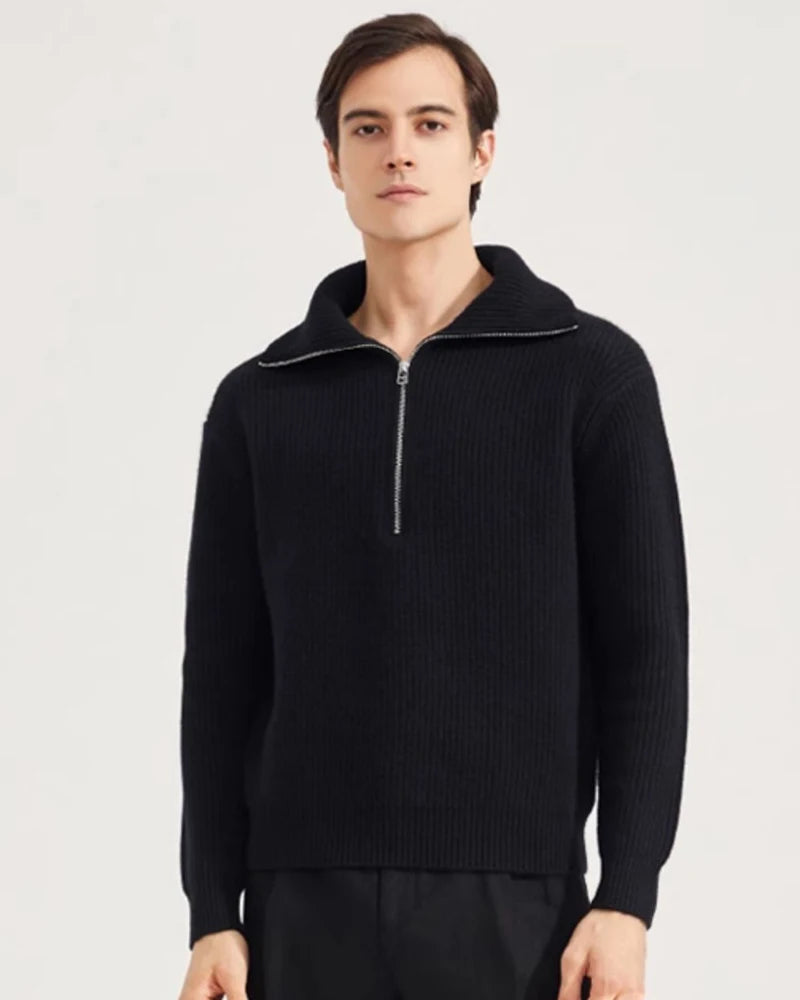 Men's Cashmere Thickened Quarter Zipper Pullover Sweater Slim Fit Lightweight Warm Long Sleeve Casual Knitwear