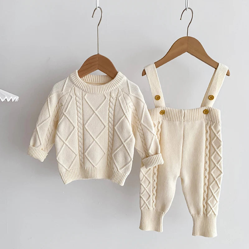 Otoño primavera estilo coreano recién nacido niñas niños Color sólido tejido ropa conjunto suéter general niños ropa traje