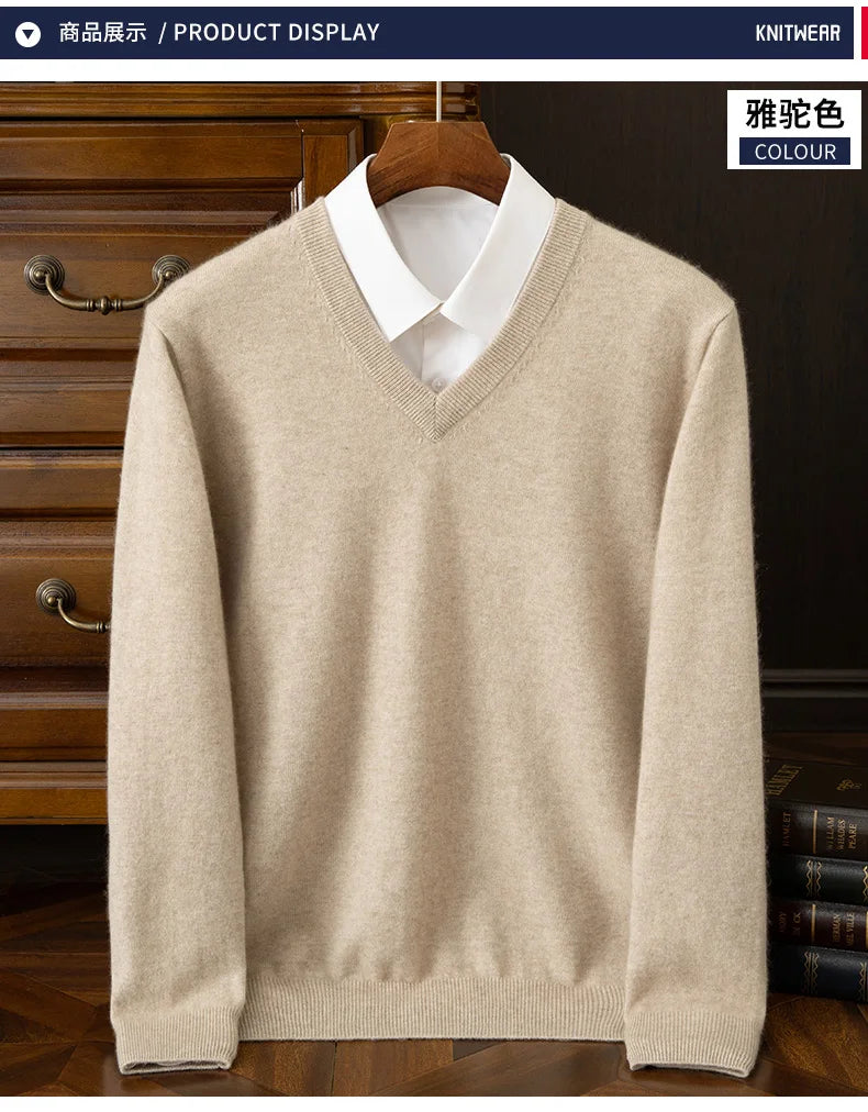 100% Cashmere Men's Pullover Casual Solid Color Knitted Sweater Loose Pull V-Neck Tops Basic Versatile Jumper