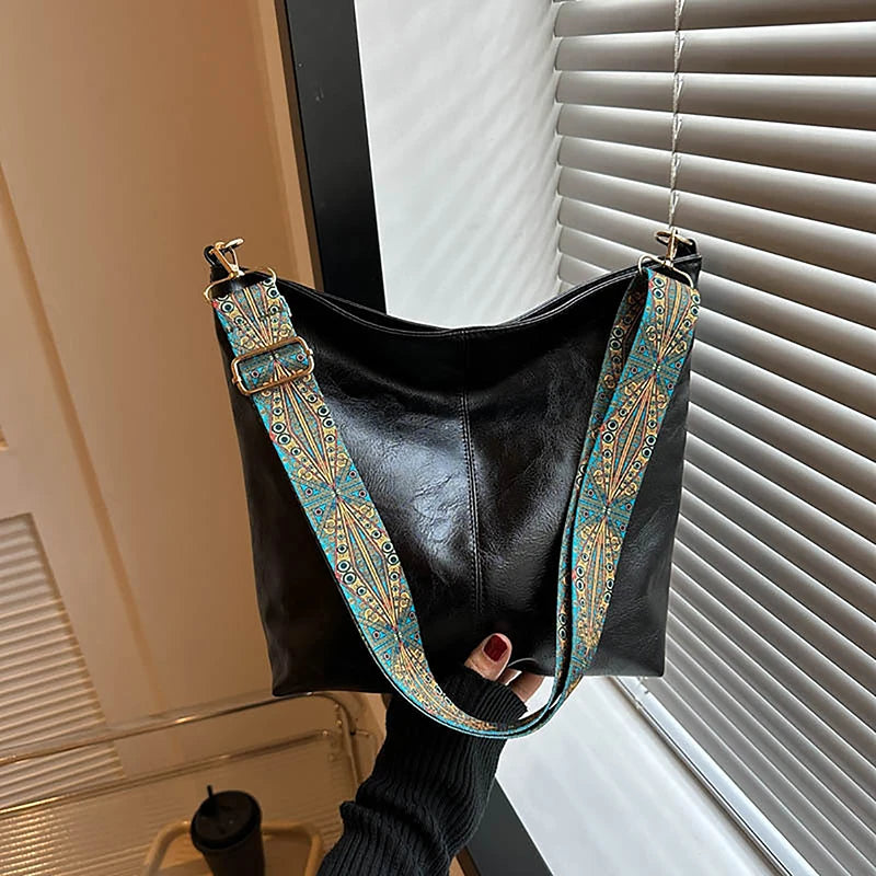 Antique Single Color Feminine Shoulder Sling Bag; Spacious, Simple, Wide Strap Bucket Crossbody Bag