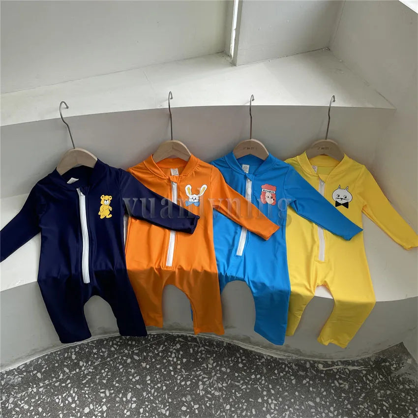 Summer Baby Swimwear Cartoon Kid Long Sleeve One Piece Girls Boys Zipper Swimsuit Children Sunscreen Beach Jumpsuit  Clothes