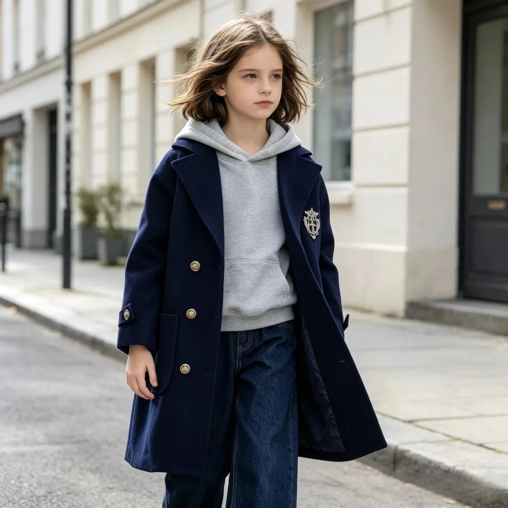 Teens Girls Winter Jacket Preppy Style Navy Mid-length Wool Coat for Kids Thick Warm Casual All-match School Children Outerwear