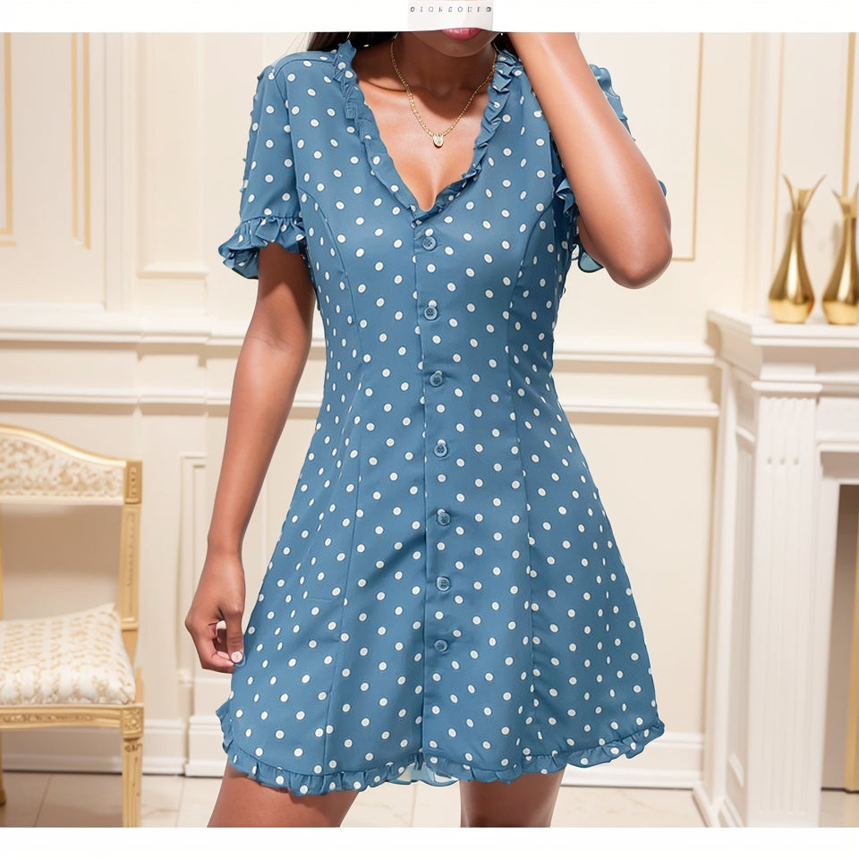 Women's Polka-Dotted Sweet Wooden Ear Slim Fit Dress