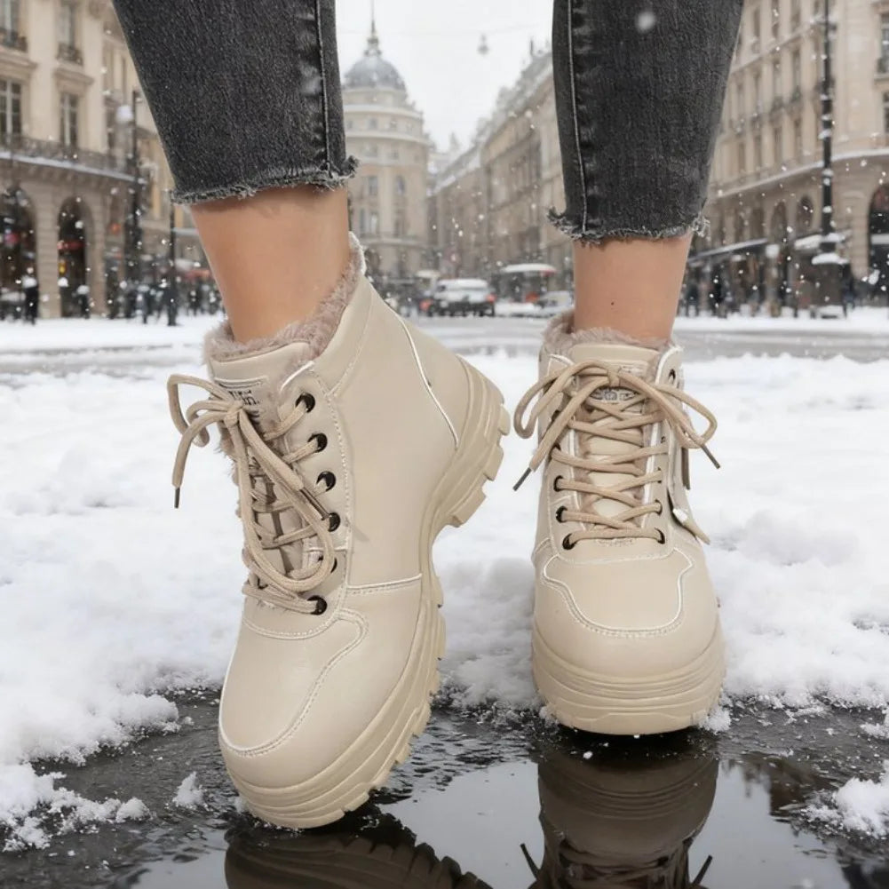 Women's Winter Snow Boots Warm Plush Lined Lace Up Chunky Platform Sneaker Booties Side Zipper Outdoor Walking Shoes for Ladies