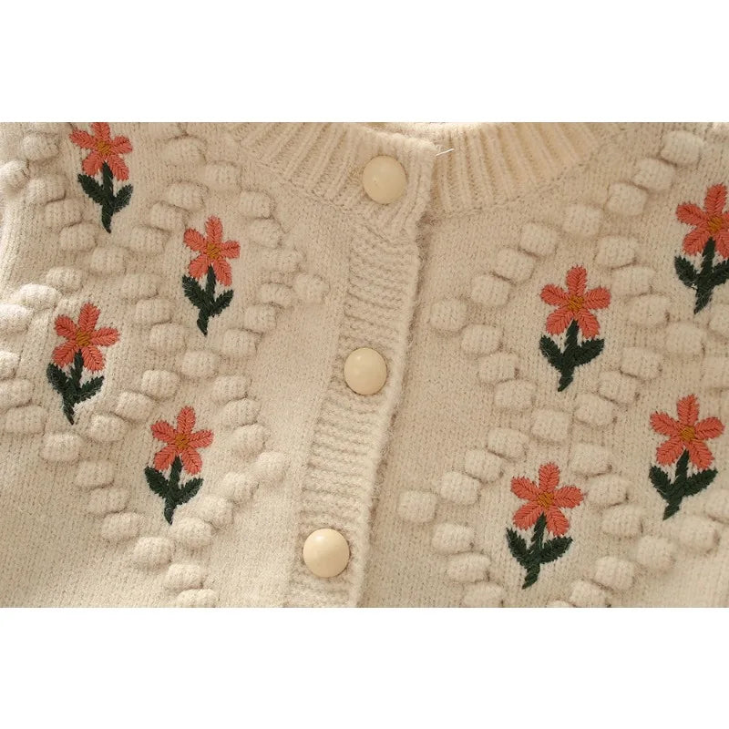 Ropa de otoño para niña, suéteres con flores dulces para niño, cárdigan de punto bordado, ropa de abrigo cálida para niño, ropa coreana para niña bebé