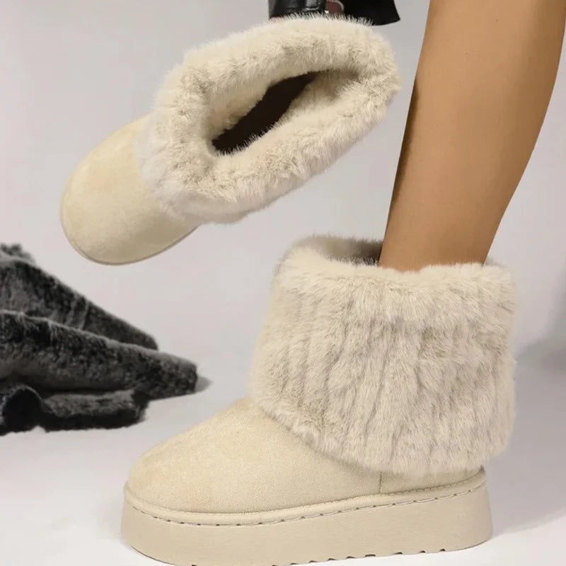 Shoes for Women Winter Slip on Women's Boots Black Round Toe Solid Flock Plush Warm Mid Heel Water Proof Casual Snow Boots Women