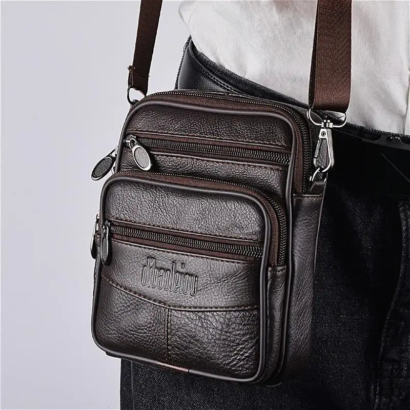 Men’s Genuine Leather Crossbody Bag,Double Zipper Small Shoulder Bag,Compact Multi-Pocket Sling Bag for Everyday Carry